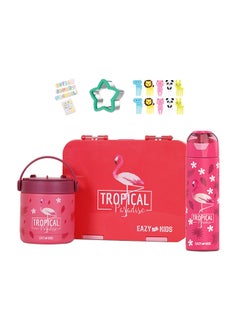 اشتري Eazy Kids 6 & 4 Convertible Bento Lunch Box with Stainless Steel 640ml Water Bottle and Sandwich Cutter Set & Food Jar - Tropical Pink في السعودية