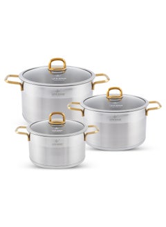 Buy President Series Premium 18/10 Stainless Steel Cookware Set - Pots and Pans Set Induction 3-Ply Thick Base for Even Heating Includes Casserroles 24/28/32cm Oven Safe Silver Gold in UAE