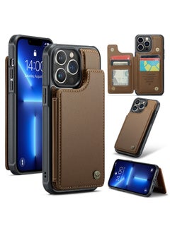 Buy Wallet Case for iPhone 14 Pro Premium Handmade Durable PU Leather Slim Shockproof Case with [Double Magnetic Clasp] [Card Holder] [Kickstand] [RFID Blocking] (Brown) in Egypt