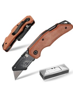 اشتري Folding Utility Knife with Stainless Steel Head Quick-change Blade & Back Lock Wood Handle Heavy Duty Box Cutter 1PC Razor Knife with Extra 10PC SK5 Blades في السعودية