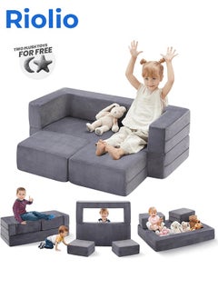 Buy Modular Kids Sofa,Toddler Play Couch Fold Out for Playroom, Grey Convertible Plush Foam Chair for Childrens(Includes 2 plush toys) in Saudi Arabia