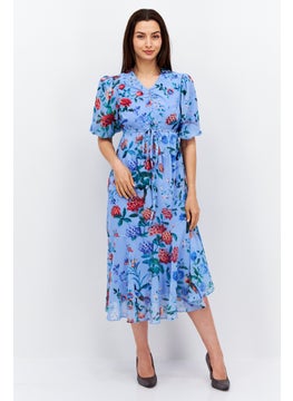 اشتري Women Floral Print Casual Midi Dress, Blue Combo في السعودية