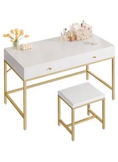 Buy 100*48*80cm White and Gold Desk with 2 Drawers and Padded Stool, Modern Makeup Vanity Desk, Computer Desk with Storage, Home Office Desk Study Desk for Writing, Bedroom, living room in Saudi Arabia