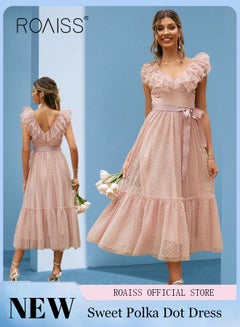 Buy Ladies Dress Lace V Neck Sleeveless Mid Waist Long Dress Suspender Style A Line Dress in UAE