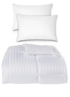 Buy Luxury Down Alternative -Stripe Duvet Insert King Size Cotton White 240x260cm With 2 Pieces Pillow in UAE