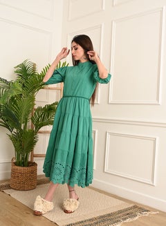 Buy Woman  Dress  with Short puff sleeve and  guipure edges, green in Saudi Arabia