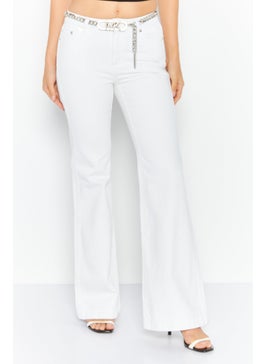 Buy Women Regular Fit High Waist Non-Stretchable Chain Belted Denim, White in UAE