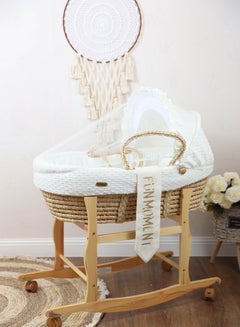 Buy Moses Basket off-white Color with Wooden Stand on Wheels in UAE
