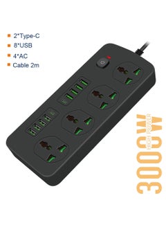 Buy Power Socket With 4 Universal Socket And USB Type-C Port Multiprise Network Filter Power Strip With 2M Extension Cord Safety Button in Saudi Arabia