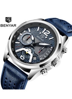 Buy Watches for Men Luxury Quartz Water Resistant Watch Men's Chronograph Genuine Leather Strap 5171 Blue in UAE