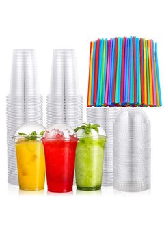 اشتري 100PC Disposable Drinking Plastic Cup 16oz For Smoothie Coffee Water Juice Cups With Dome Lid Clear with straw في الامارات