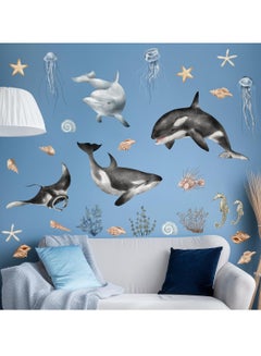 Buy Giant Ocean Animals Wall Decals - Blue and Gray Whales Ocean View, DIY Removable Wall Decals, Sea Animals Wall Decals, for Kids, Teens, Bedroom, Living Room in Saudi Arabia