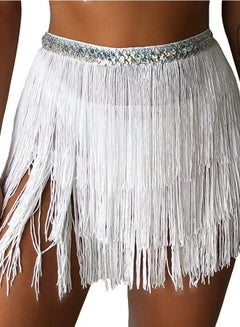Buy Fringe Waist Chain Skirt Belly Dance Tassel Waist Wrap Belt Skirts Party Rave Costume White in UAE