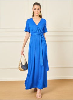 Buy Textured V Neck A-Line Maxi Dress with Waist Tie Up in Saudi Arabia