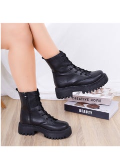 Buy Ankle Boot Leather Mid Heels With Rope E-95 - Black in Egypt