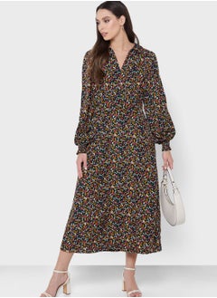 Buy Floral Print Balloon Sleeve Pocket Detail Dress in UAE