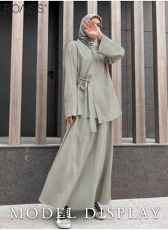 Buy 2-Piece Women's Shirt And Skirt Set Loose Fitting Long Sleeved Side Tie Shirt+High Waist Large Hem A-Line Skirt in UAE