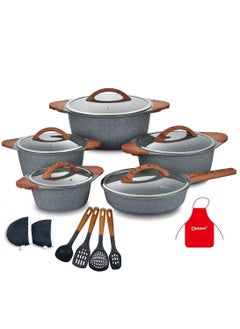 Buy 17-Pieces Granite Coated Cookware Set Includes 20,24,28 & 32cm Casserole With Lid, 28cm Deep Fry Pan with Lid and 7xCooking Tools in UAE