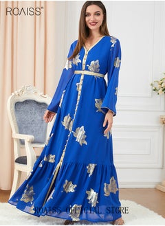 Buy Ramadan Women Muslim Dress V-Collor Belted Embroidery Evening Party Gown Bell Sleeve Long Dresses Party Robe Women Floral Embroidery Islamic Dresses in UAE