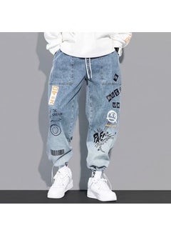 اشتري Korean YOA Printed Cartoon Jeans Mens Loose Drawstring Denim Light Blue في السعودية