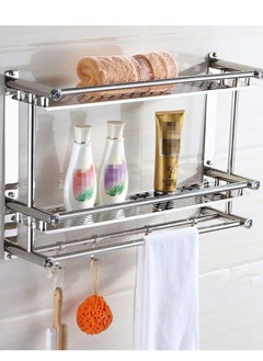 Buy 2 Tier Bathroom Square Shower Shelf with Double Towel Bar, Shower Caddy with 5 Hooks, No Drilling Wall Mounted Storage Organizer Center for Bathroom Kitchen in Saudi Arabia