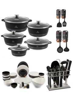 Buy 82-Piece Kitchen Cooking and Dinning Set - Non Stick Cookware Set 10-Piece, 30 Pcs Dinner Set and 38-Piece Cutlery - All in One Kitchen and Dinning Set (Black and White) in UAE