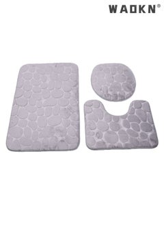 Buy Three Pieces Graphics 3D Bathroom Mat Set Nonslip Bath Bathtub Rug Carpet Contour Toilet Seat Lid Cover Bathroom Absorbent Mat Grey Cobble in UAE