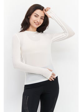 Buy Women Sportswear Fit Long Sleeve Embroidered Brand Logo Top, White in UAE