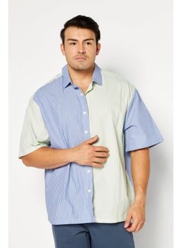 Buy Men Regular Fit Stripe Short Sleeves Casual Shirt, Blue/Light Green in Saudi Arabia