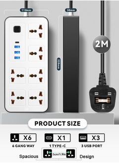 اشتري 6.5 Ft Extension Cord Protector Power Strip -6 Widely Outlets with 3 USB-A Ports 1USB Type C, Flat Plug, Wall Mount, Desk USB Charging Station,Ideal For All Electronic Devices,White 220x110x30mm في السعودية