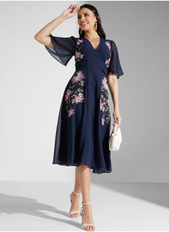 Buy Embroidered Flutter Sleeve Dress in UAE