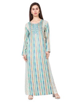 اشتري CASUAL ELEGANT PRINTED DESIGN WITH FRONT EMBROIDERY SMOCKING ARABIC KAFTAN JALABIYA DRESS في السعودية