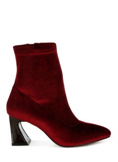 Buy Flared Block Heel Velvet Boots in Burgundy in UAE