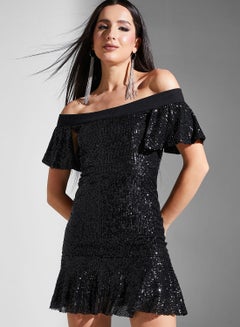 Buy Sequin Bardot Mini Dress With Puff Sleeve in UAE
