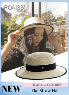 Buy Classic Flat Top Straw Hat for Women Summer Beach Hat Vacation Sunshade Sunscreen Woven Hat Letter Decor Sun Hat Fashion Accessories in Saudi Arabia