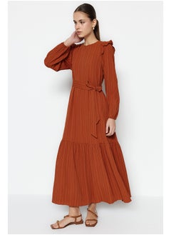 اشتري Cinnamon Belted Viscose Blended Woven Dress With Ruffled Shoulder Skirt Flounce Lined TCTSS23EB00290 في مصر