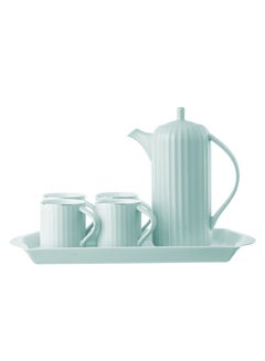 Buy Tea Set with tray Ceramic 7 Pieces blue Color in Saudi Arabia