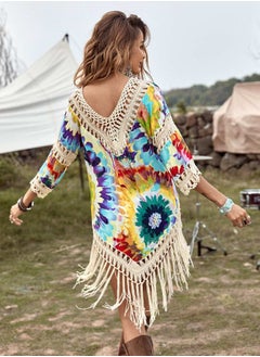 Buy Floral Print Crochet Trim Fringe Hem Cover Up in UAE