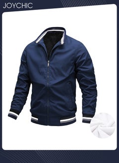 اشتري Casual Autumn and Winter Solid Color Lightweight Jacket Velvet Cotton Windproof Waterprood Warm Zipper Coat for Men Outdoor Blue في الامارات