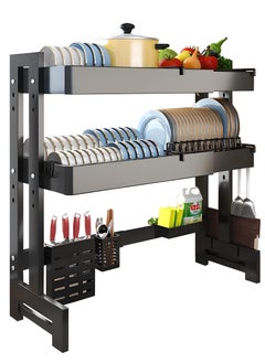 Buy Double Layer 2 Tier Over The Sink Dish Drying Stand Drainer Organizer Adjustable Length and Height Storage Rack Countertop Kitchen Cutlery Utensil Plate Holder Drain Bracket Shelf in UAE