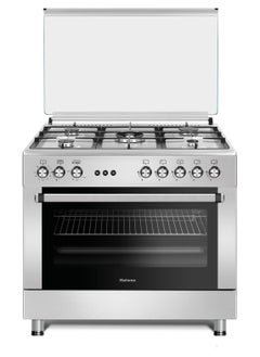 Buy 5 Burner Gas Cooker 90 x 60 Cm, Gas Oven With Thermostat, Rotisserie, Full Safety, Auto Ignition Silver/Black in UAE