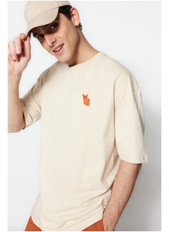 اشتري Beige Men's Oversize Crew Neck Short Sleeve Fox Embroidered  T-Shirt في مصر