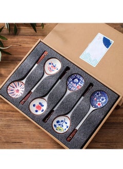 اشتري 6pcs Ceramic Spoons Set,High-Quality Japanese Ceramic Soup Spoons Set - Hand-Painted Porcelain Spoons for Soup, Rice, and Desserts - Durable & Elegant Utensils with Long Handle في الامارات