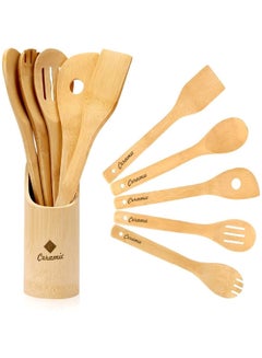 Buy Wooden Spoons For Cooking 6 Piece Organic Bamboo Utensil Set With Holder Wood Kitchen in UAE