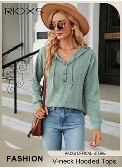 اشتري Women's V-neck Button Long Sleeve Shirt Hooded Knitted Solid Color Jacquard Tops Soft and Comfortable Pullover Shirt في السعودية