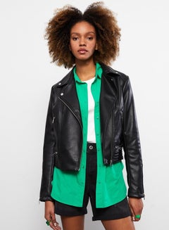 Buy Biker Collar Regular Long Sleeve Women's Faux Leather Jacket in Saudi Arabia