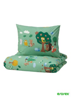 Buy Duvet cover and pillowcase forest animal pattern multicolour 150x200/50x80 cm in Saudi Arabia