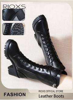 Buy Women's Mid Calf Fall Winter Boots Ladies Fashion Casual Leather Mid-high Boots Side Zipper 9-Eye Lace Up High Heel Comfortable Rider Boots in UAE