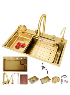 Buy Kitchen Sink, Gold Flying Rain Waterfall Sink, 304 Stainless Steel Single Bowl Sink, Multifunctional Drop In Sink Workstation with Pull-Out Waterfall Faucet with Various Accessories (75×46×22cm) in Saudi Arabia