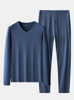 Buy Mens Solid Color Thin Seamless Long Johns And V-Neck Thermal Underwear Set 2 Piece Base Layer Set for Men Navy Blue in UAE